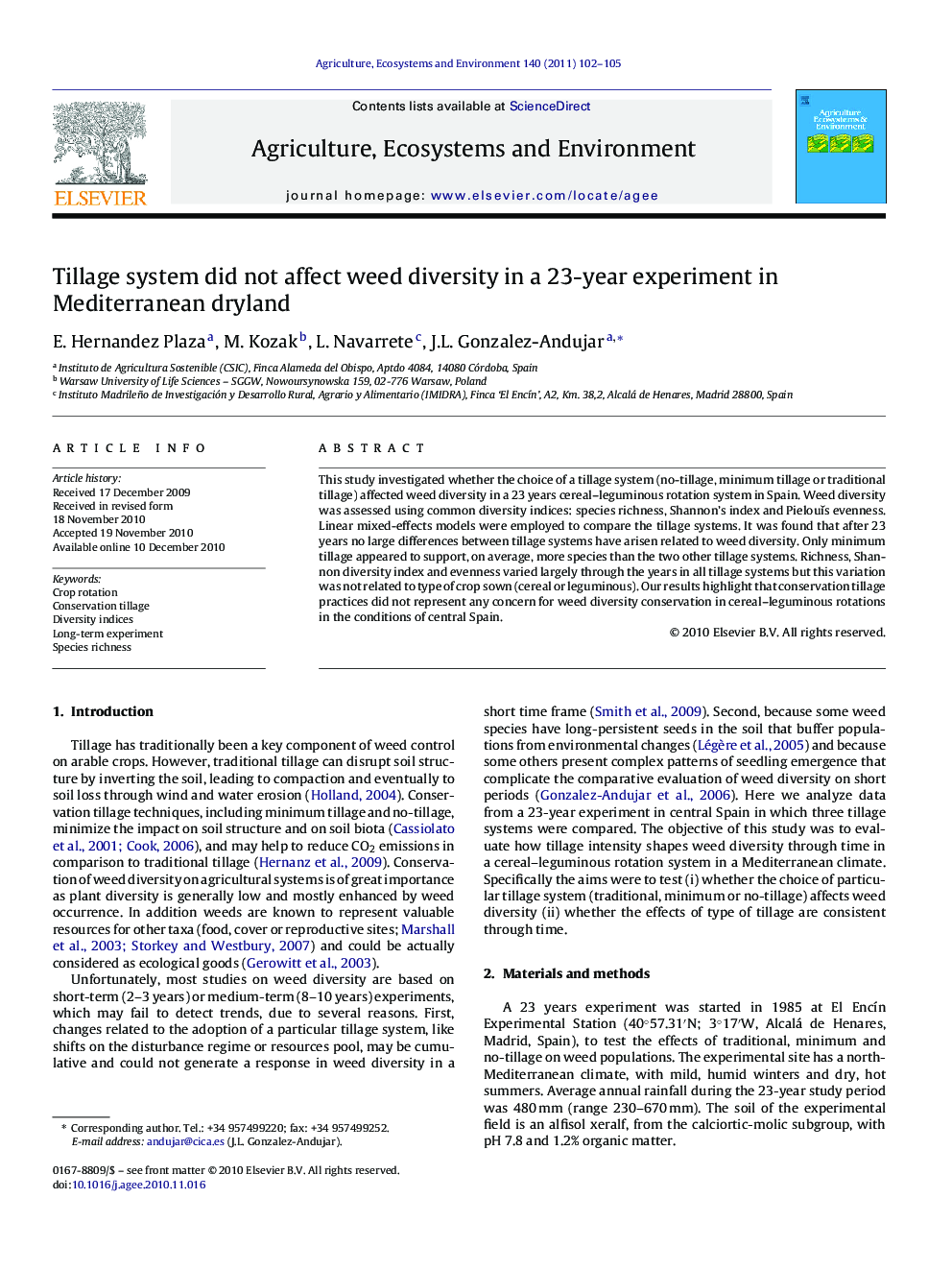 Tillage system did not affect weed diversity in a 23-year experiment in Mediterranean dryland