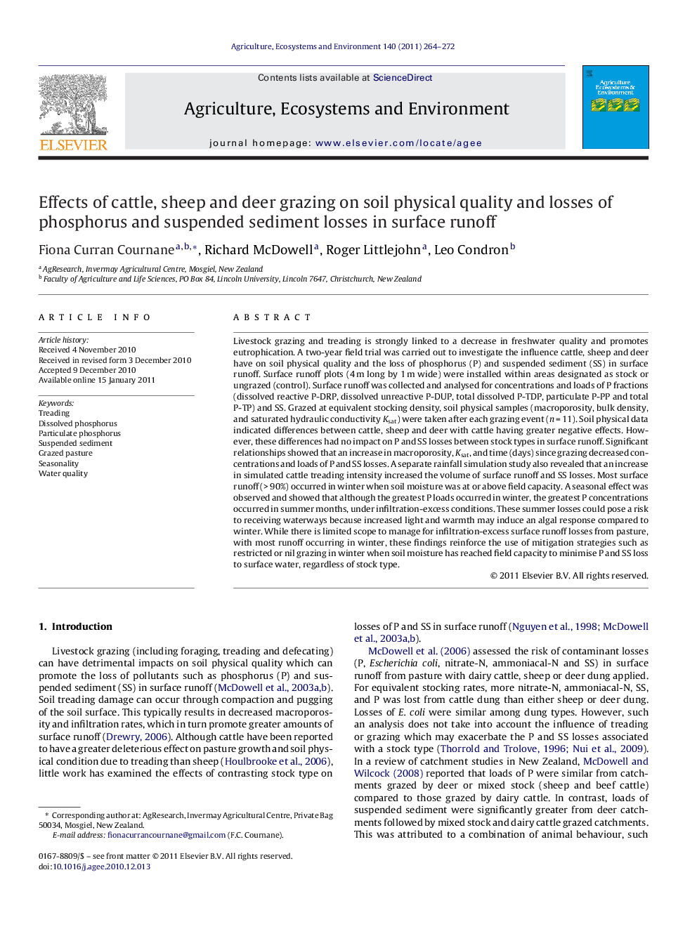 Effects of cattle, sheep and deer grazing on soil physical quality and losses of phosphorus and suspended sediment losses in surface runoff