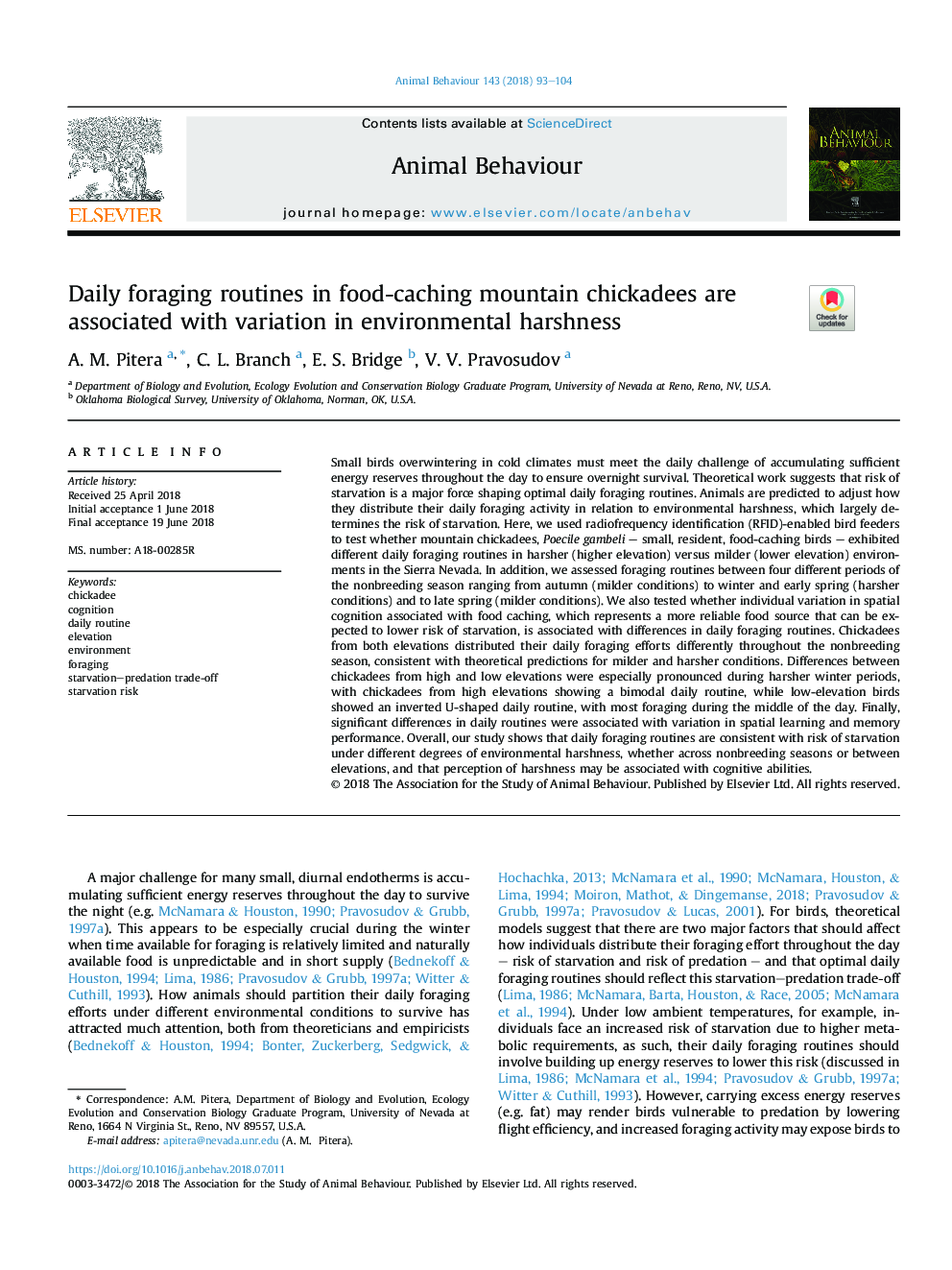 Daily foraging routines in food-caching mountain chickadees are associated with variation in environmental harshness