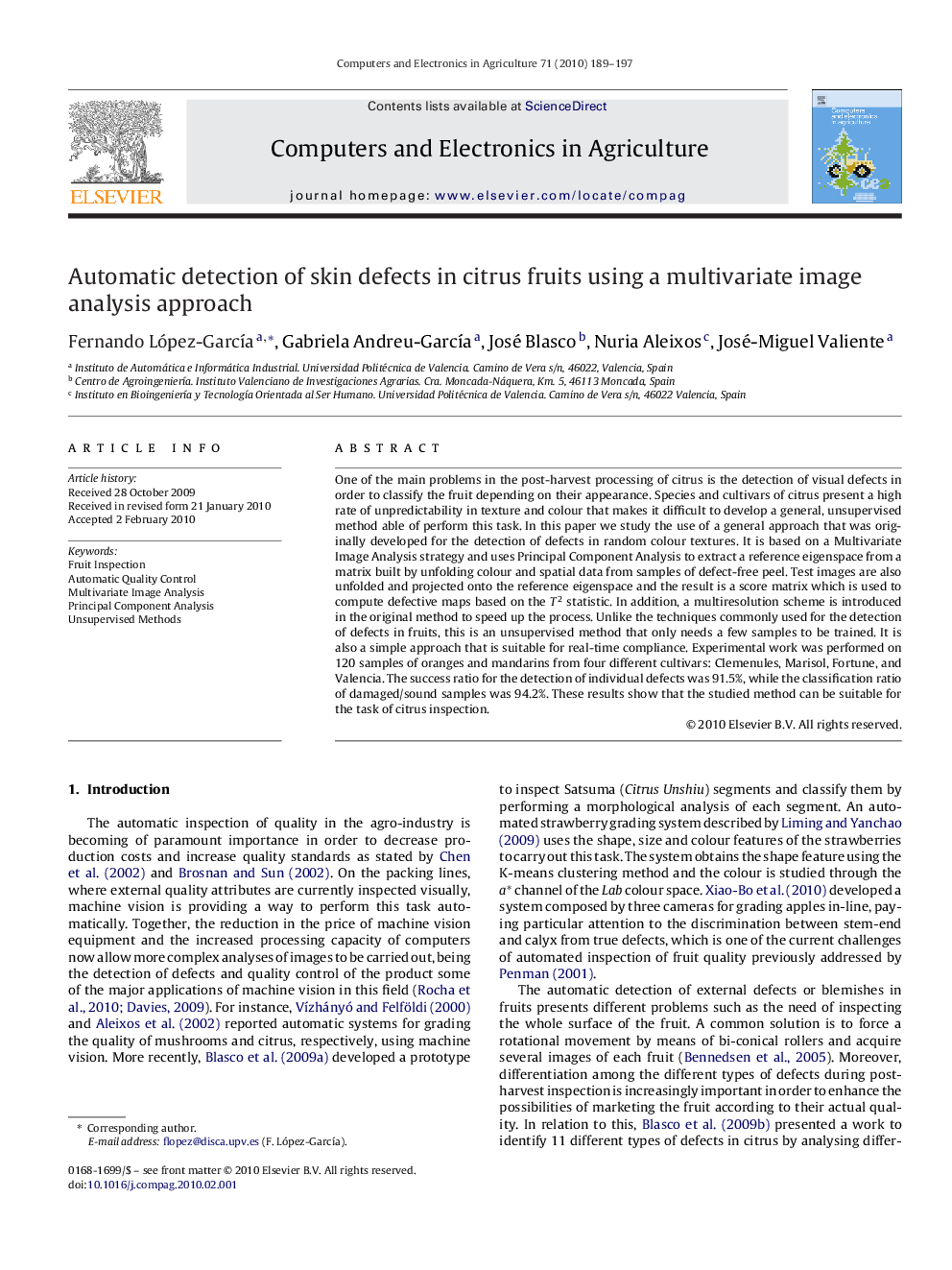 Automatic detection of skin defects in citrus fruits using a multivariate image analysis approach