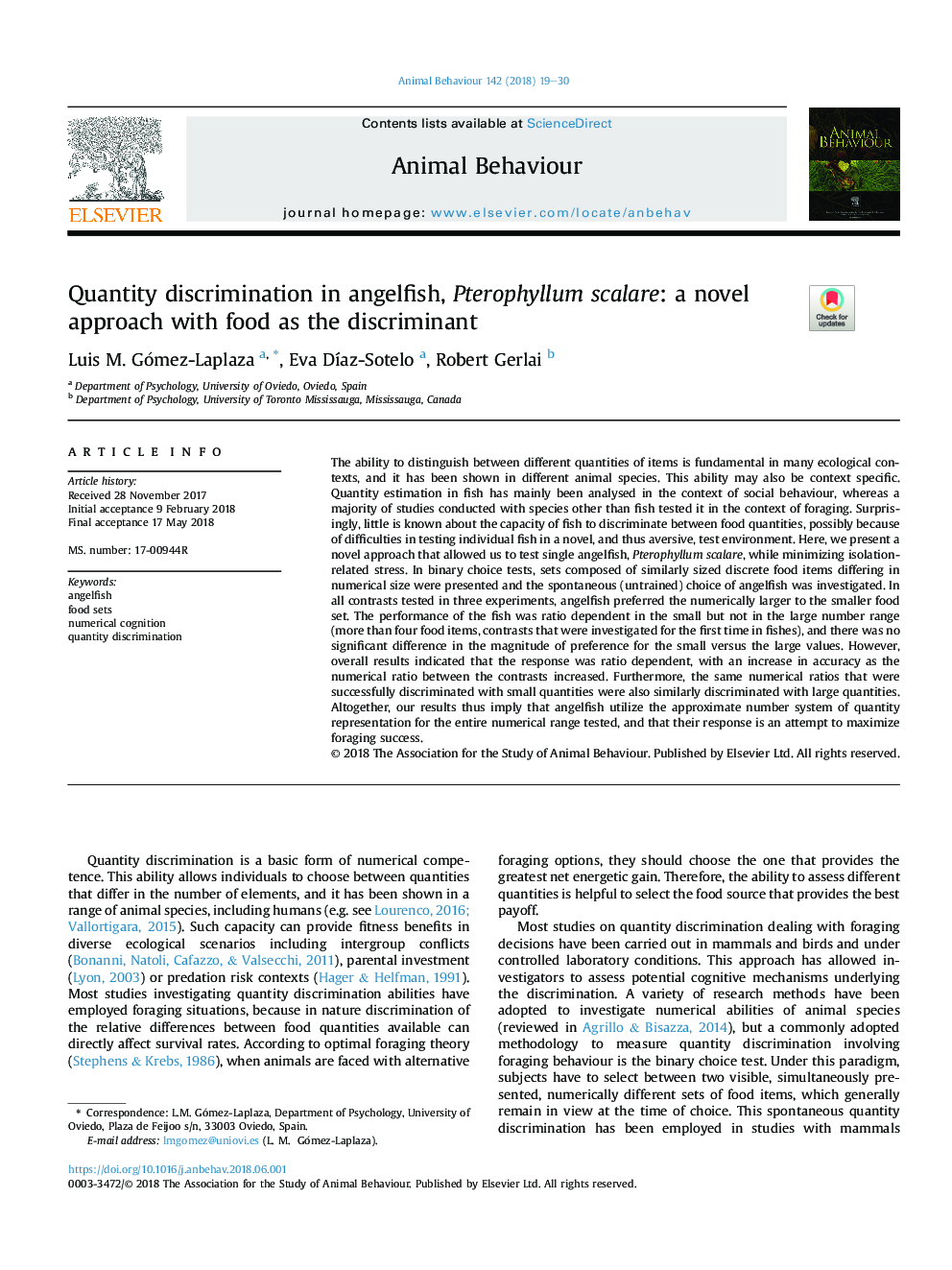 Quantity discrimination in angelfish, Pterophyllum scalare: a novel approach with food as the discriminant