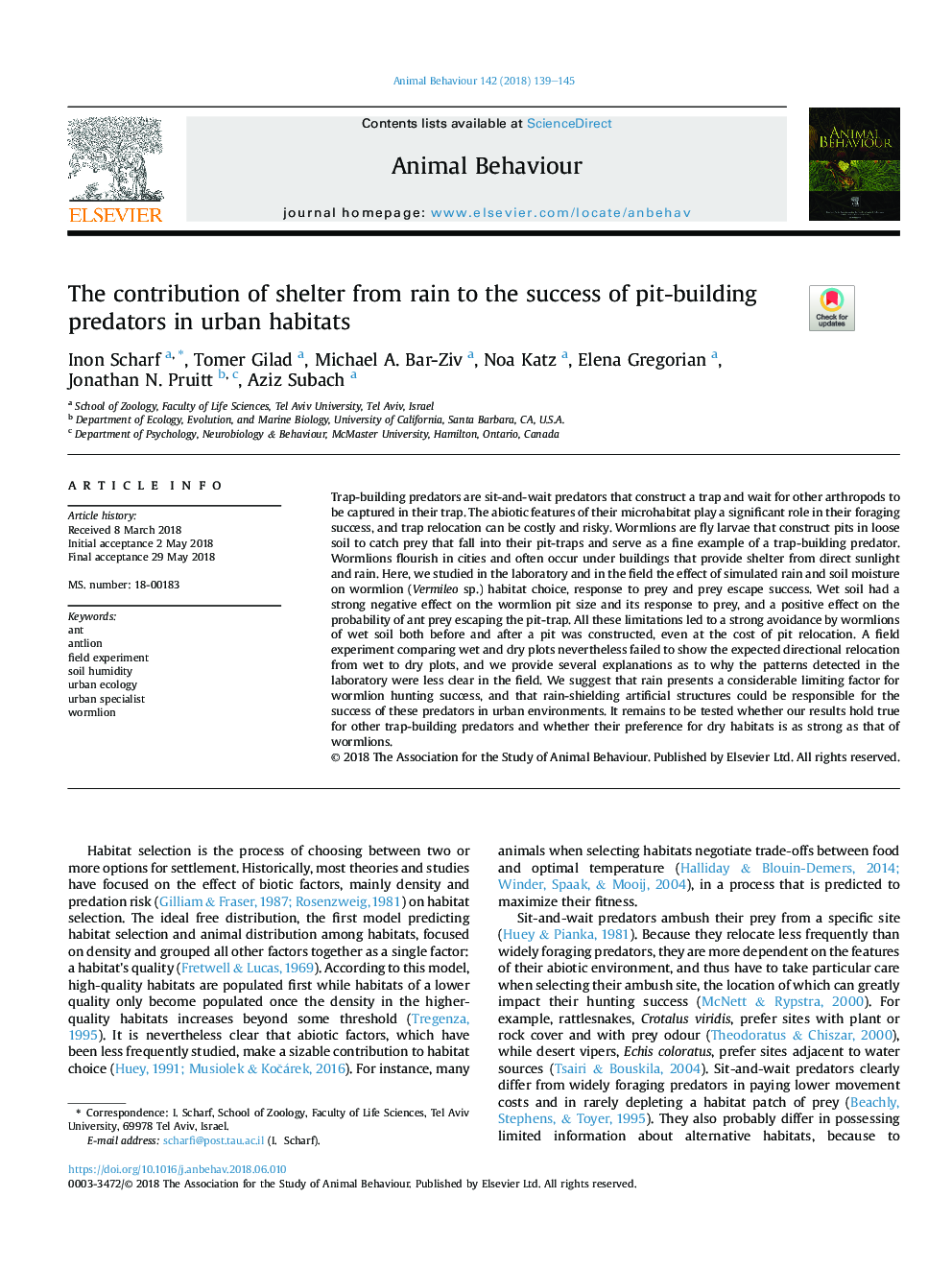 The contribution of shelter from rain to the success of pit-building predators in urban habitats