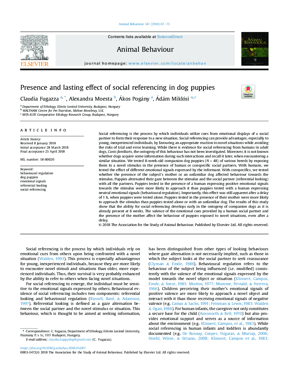 Presence and lasting effect of social referencing in dog puppies