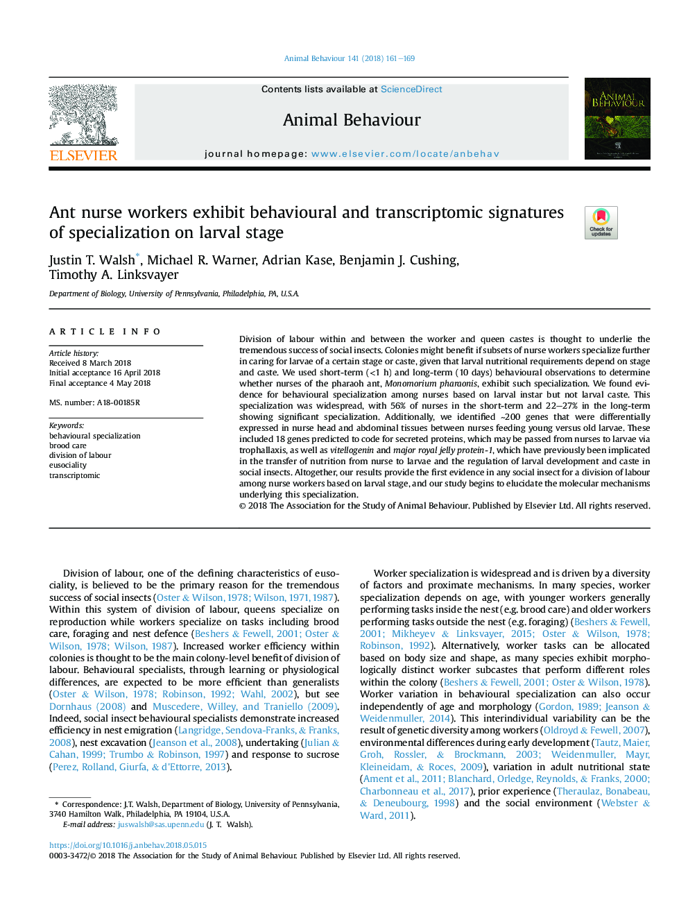 Ant nurse workers exhibit behavioural and transcriptomic signatures of specialization on larval stage