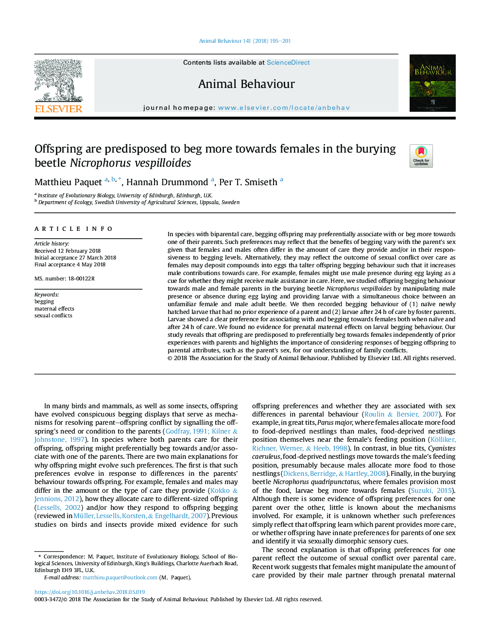 Offspring are predisposed to beg more towards females in the burying beetle Nicrophorus vespilloides