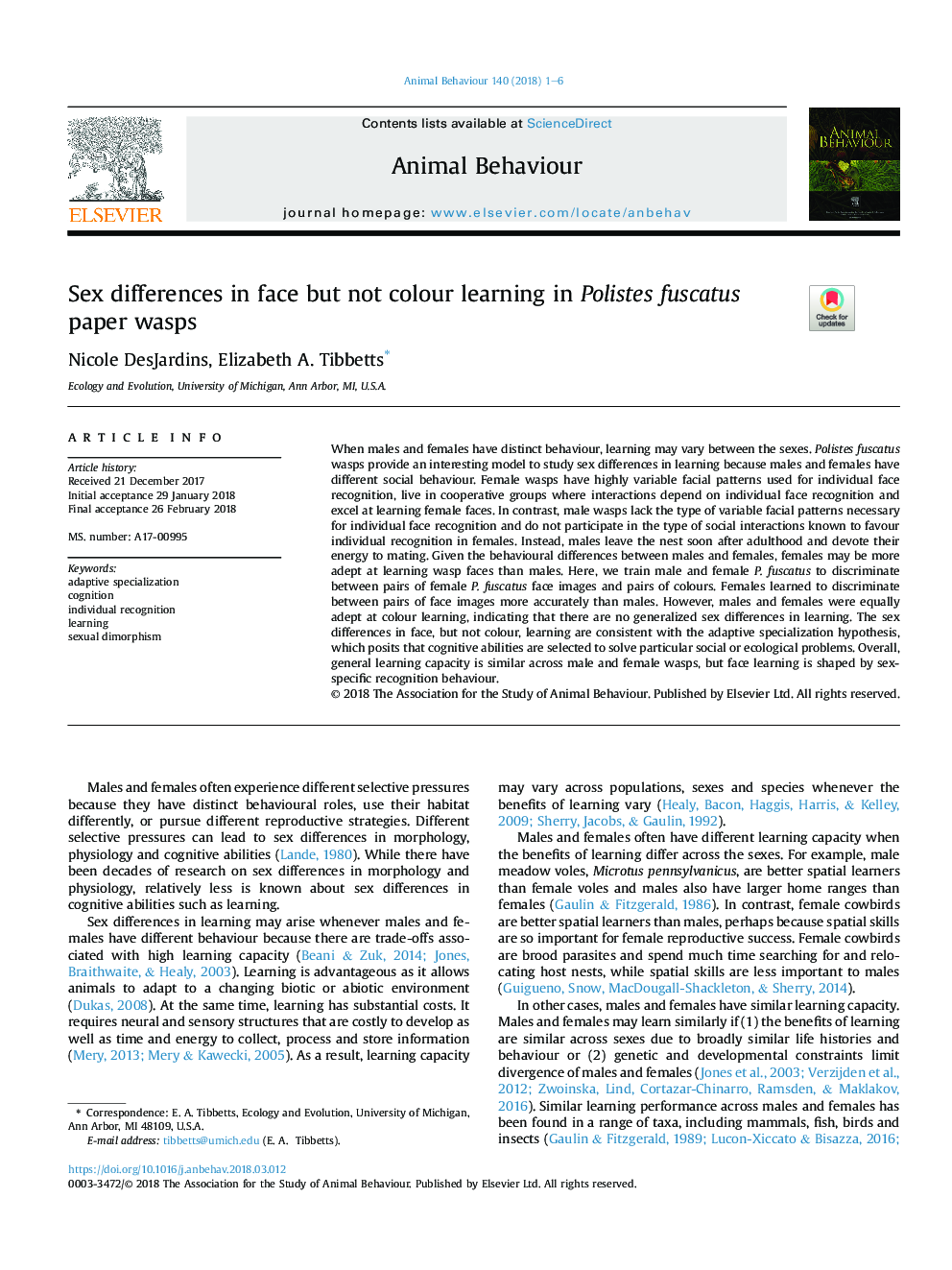 Sex differences in face but not colour learning in Polistes fuscatus paper wasps