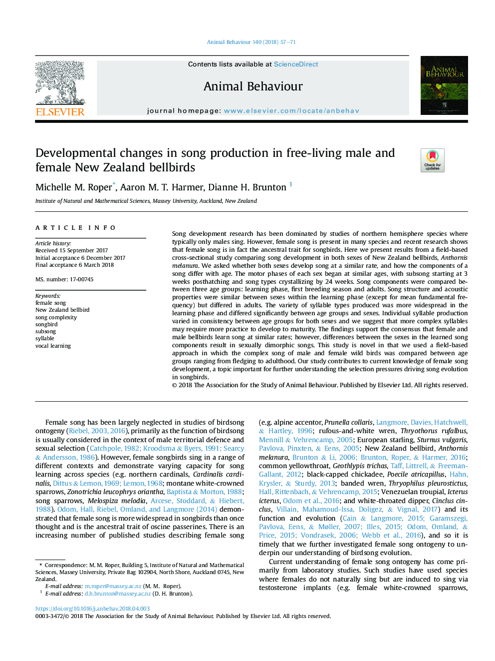 Developmental changes in song production in free-living male and female New Zealand bellbirds