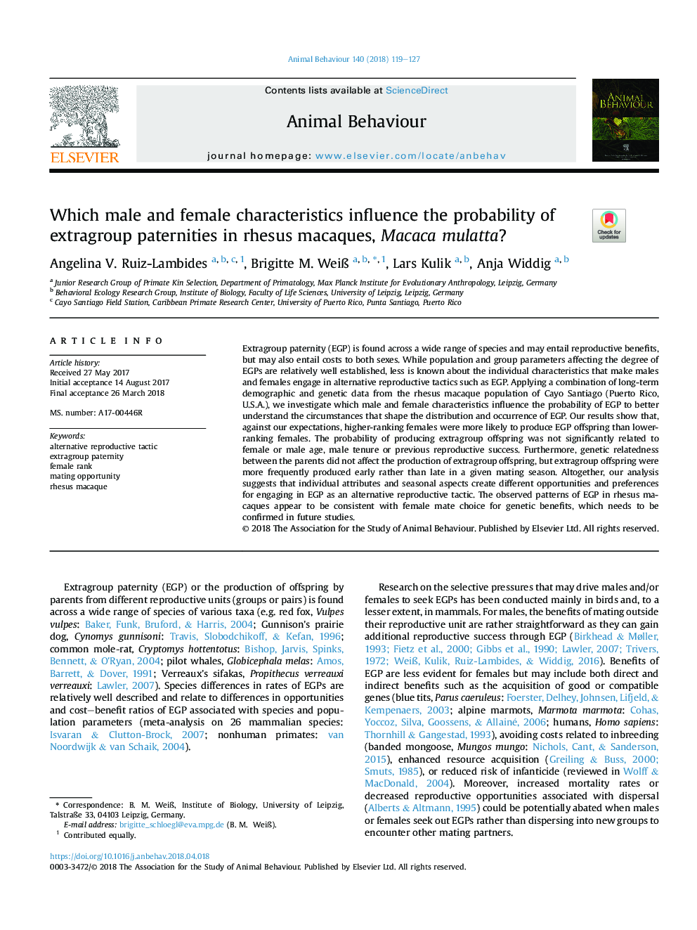 Which male and female characteristics influence the probability of extragroup paternities in rhesus macaques, Macaca mulatta?