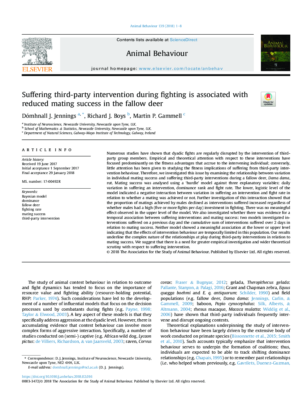 Suffering third-party intervention during fighting is associated with reduced mating success in the fallow deer