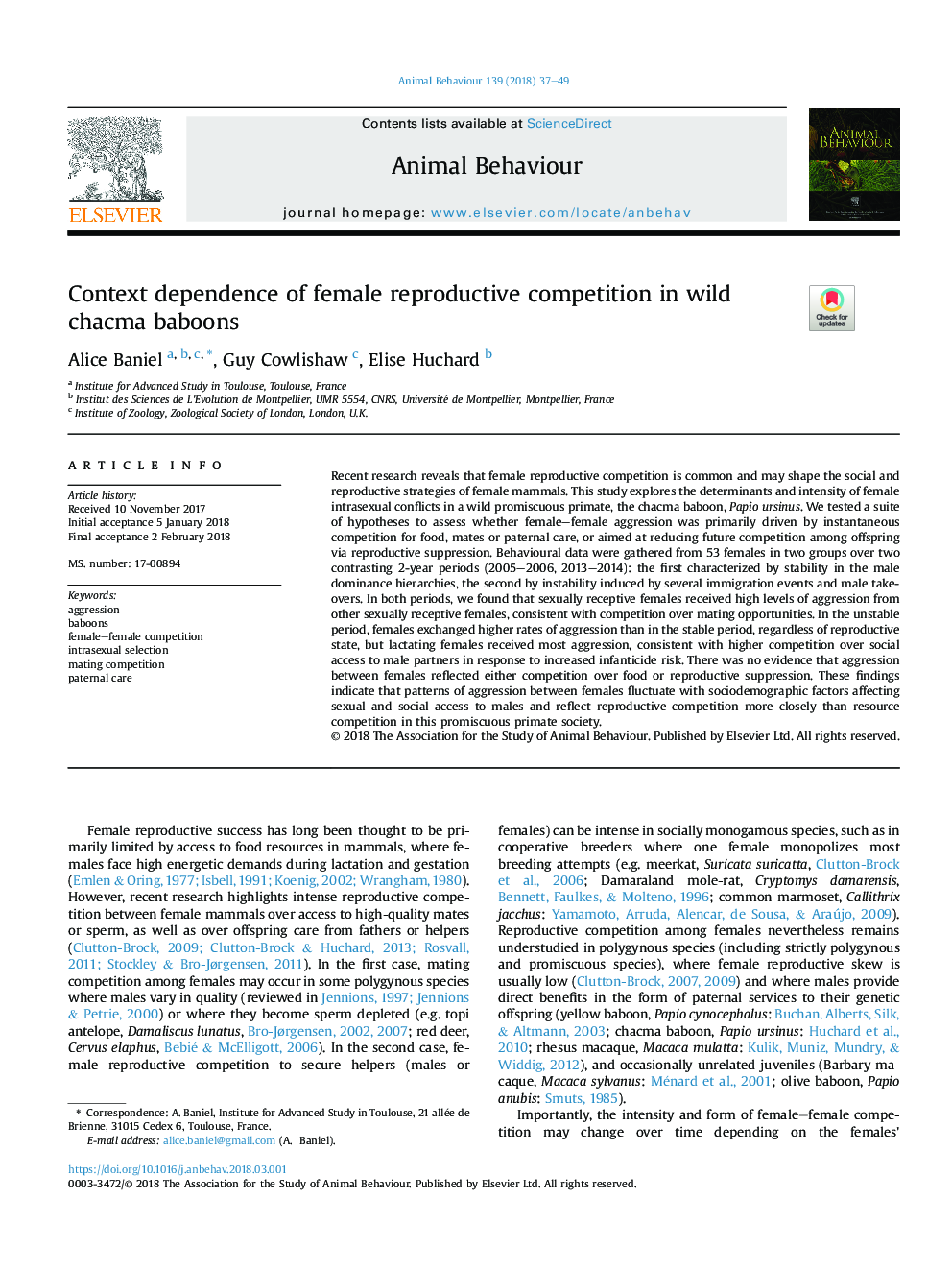 Context dependence of female reproductive competition in wild chacma baboons