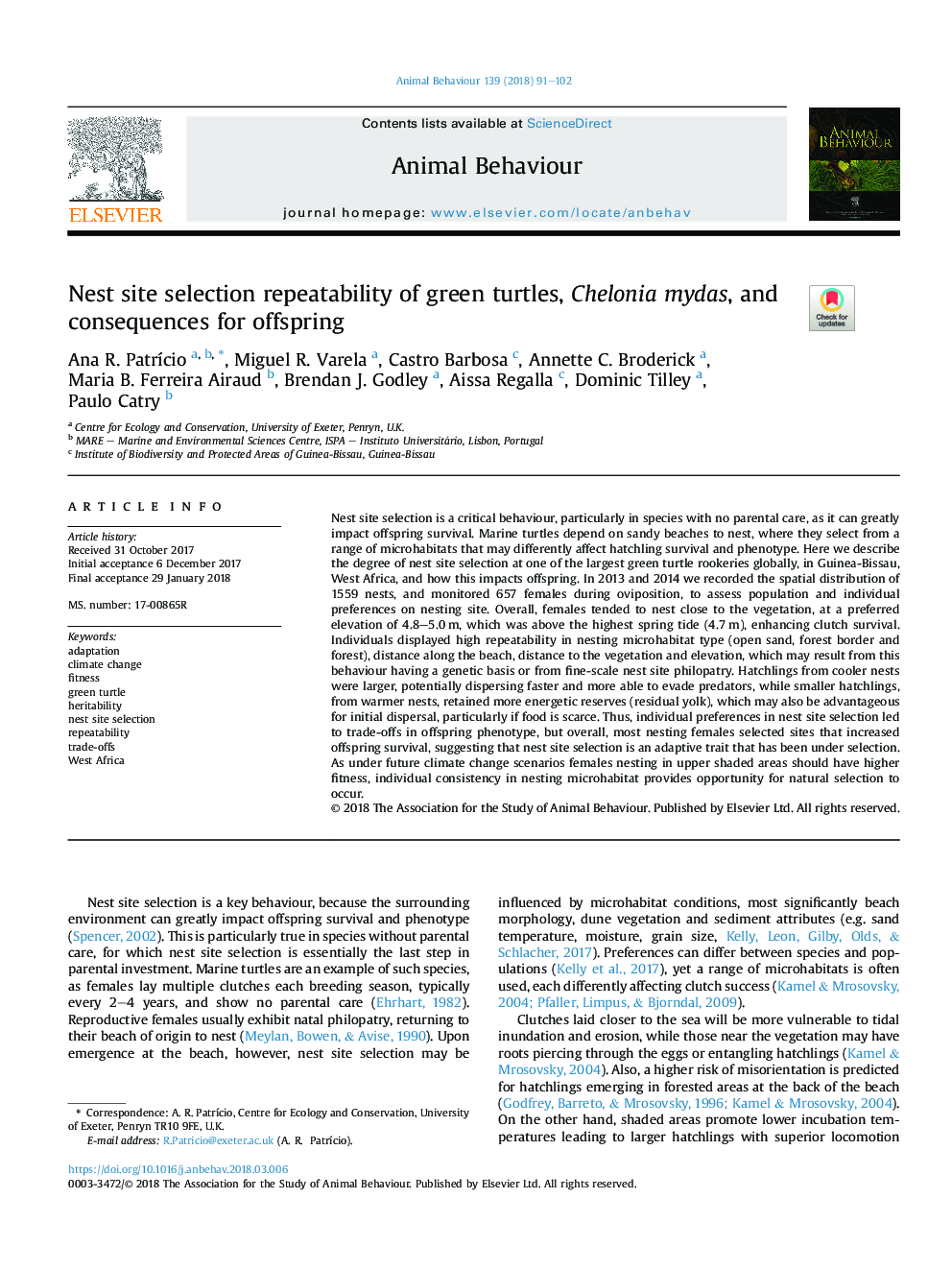 Nest site selection repeatability of green turtles, Chelonia mydas, and consequences for offspring