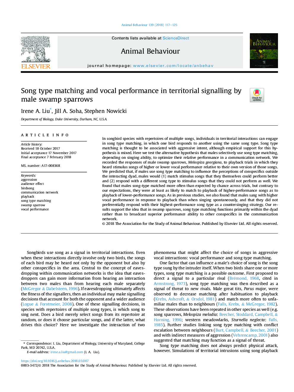 Song type matching and vocal performance in territorial signalling by male swamp sparrows