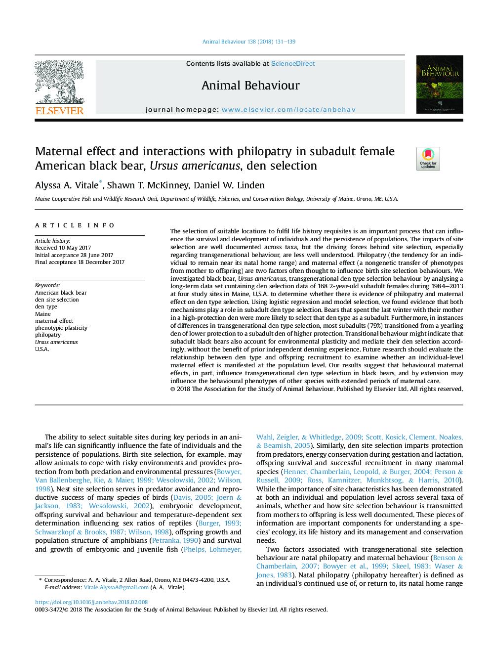 Maternal effect and interactions with philopatry in subadult female American black bear, Ursus americanus, den selection