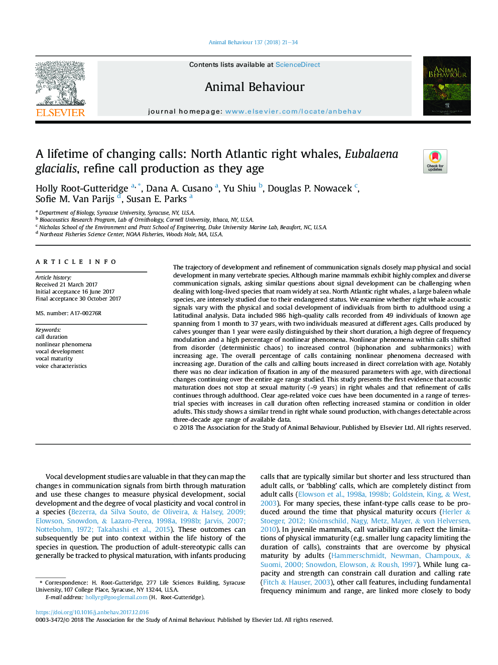 A lifetime of changing calls: North Atlantic right whales, Eubalaena glacialis, refine call production as they age