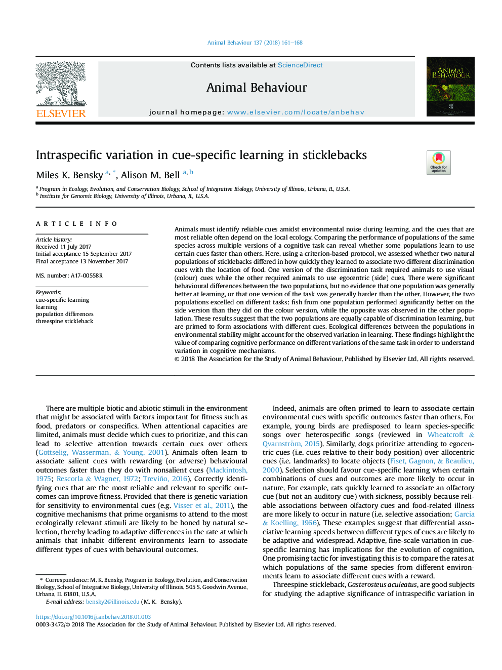 Intraspecific variation in cue-specific learning in sticklebacks