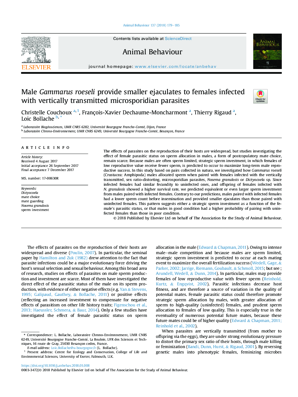 Male Gammarus roeseli provide smaller ejaculates to females infected with vertically transmitted microsporidian parasites