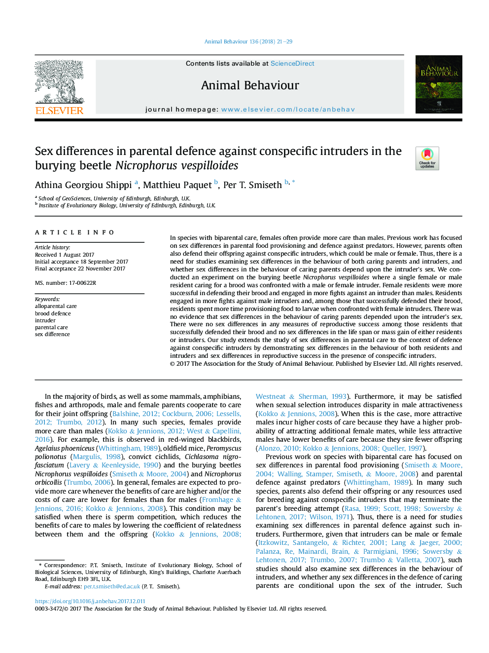 Sex differences in parental defence against conspecific intruders in the burying beetle Nicrophorus vespilloides