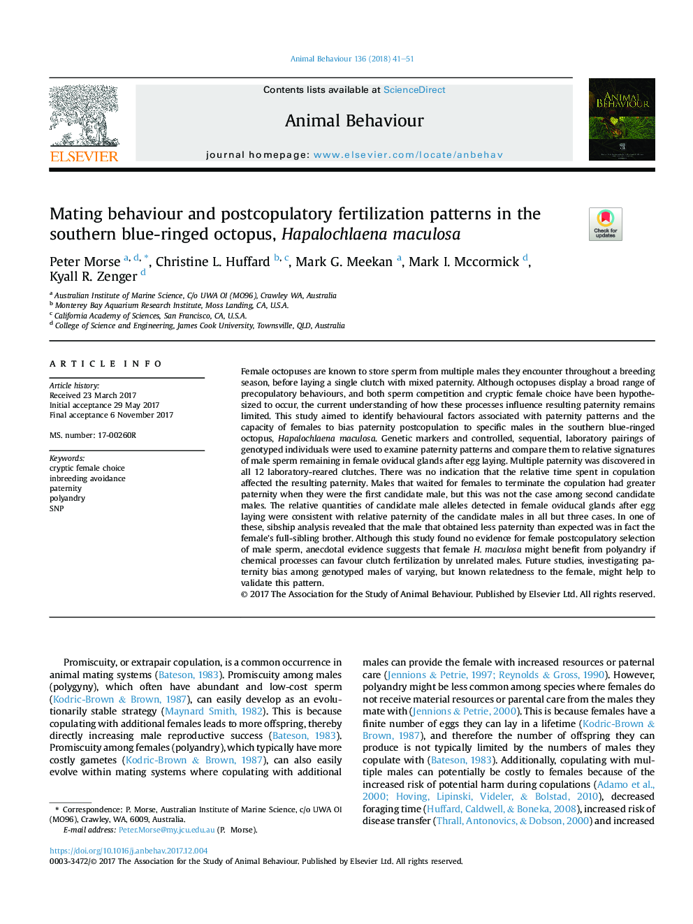 Mating behaviour and postcopulatory fertilization patterns in the southern blue-ringed octopus, Hapalochlaena maculosa