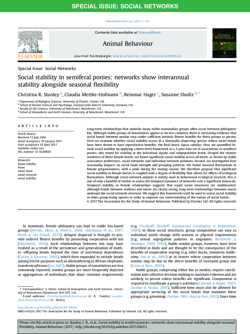 Social stability in semiferal ponies: networks show interannual stability alongside seasonal flexibility