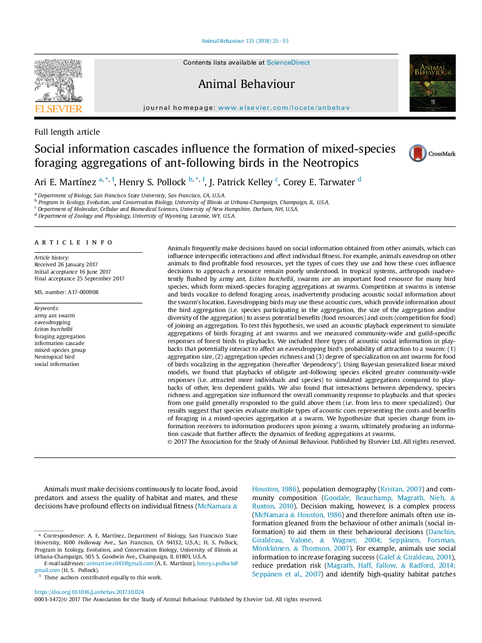 Social information cascades influence the formation of mixed-species foraging aggregations of ant-following birds in the Neotropics