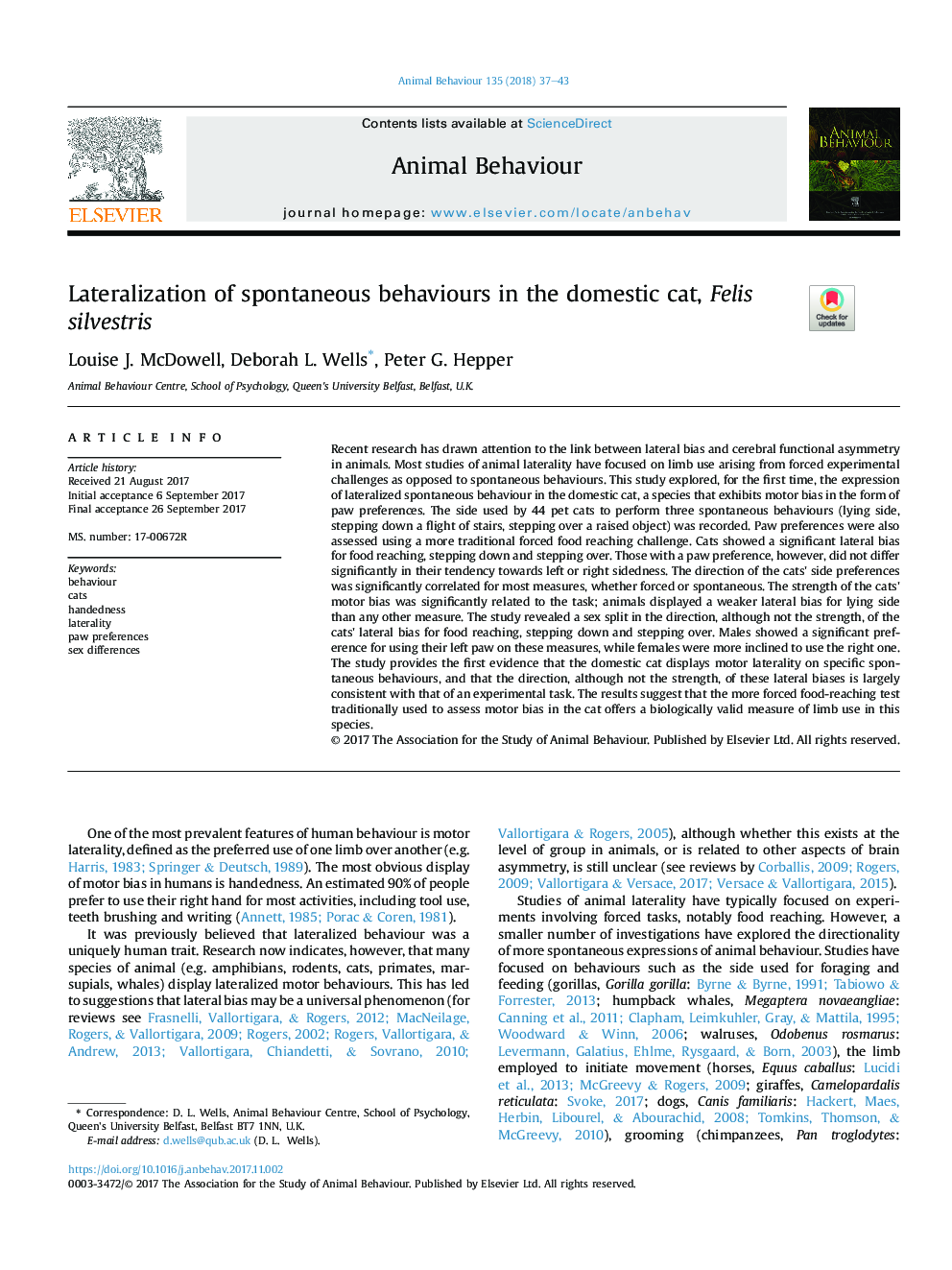 Lateralization of spontaneous behaviours in the domestic cat, Felis silvestris