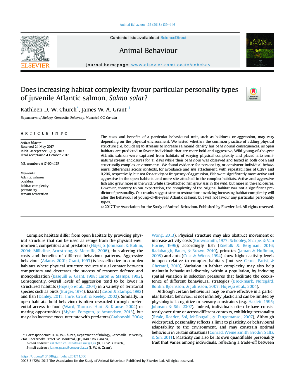 Does increasing habitat complexity favour particular personality types of juvenile Atlantic salmon, Salmo salar?