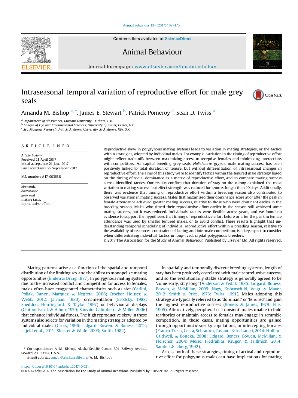 Intraseasonal temporal variation of reproductive effort for male grey seals