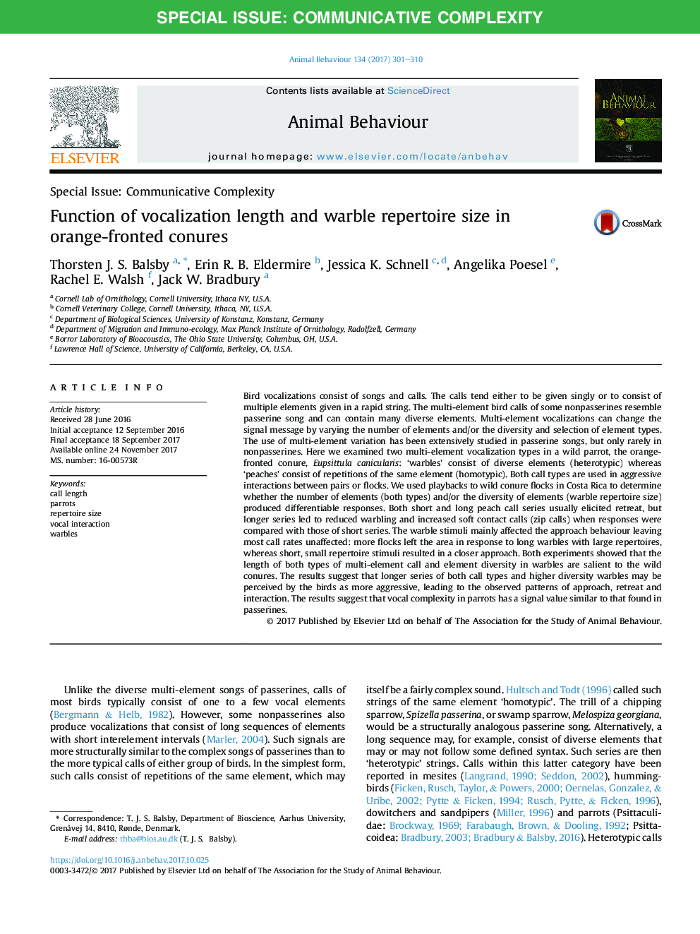 Function of vocalization length and warble repertoire size in orange-fronted conures