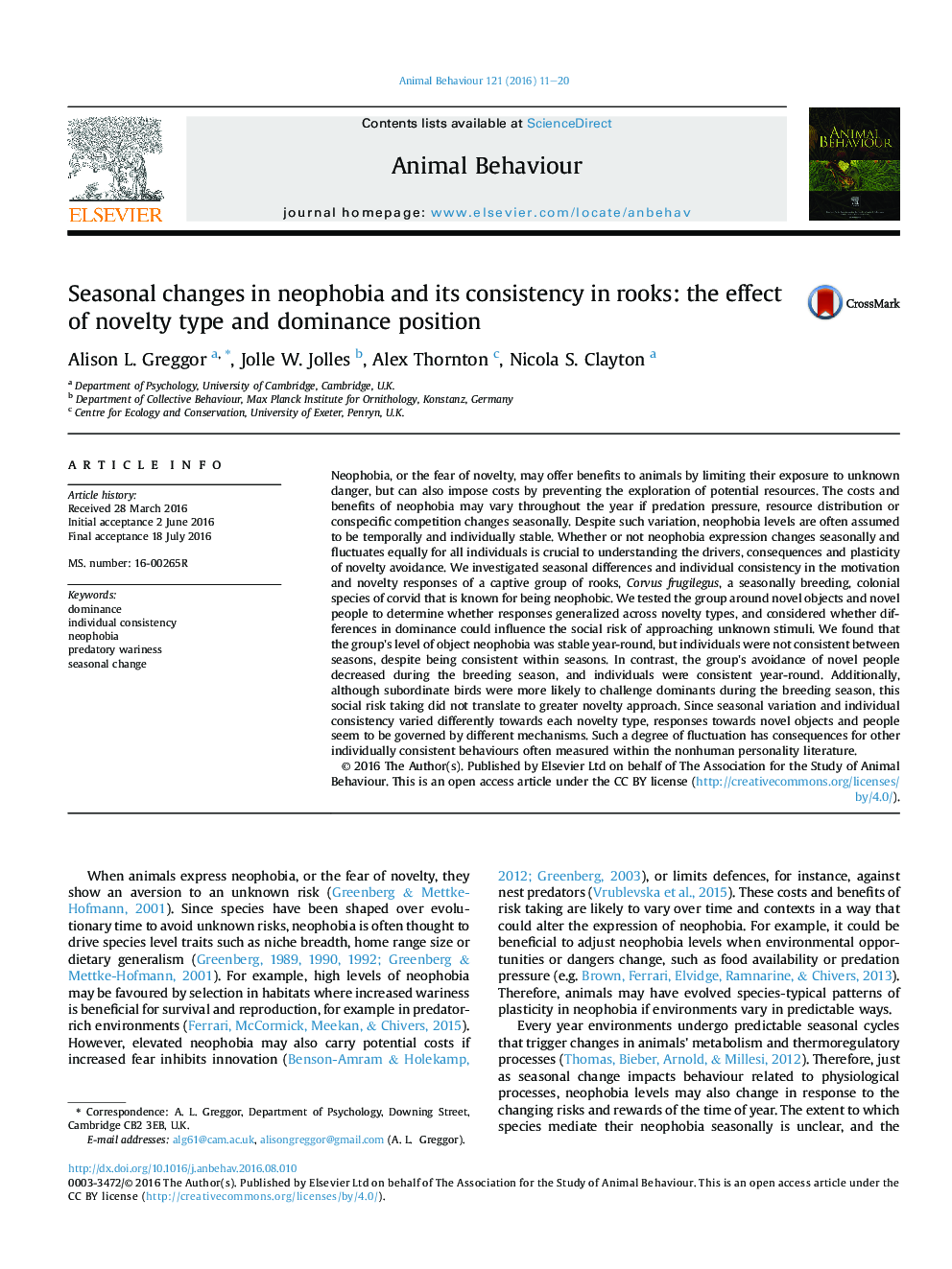 Seasonal changes in neophobia and its consistency in rooks: the effect of novelty type and dominance position