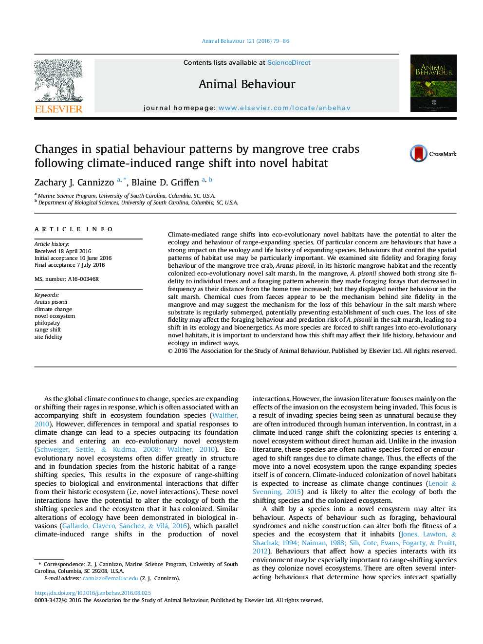 Changes in spatial behaviour patterns by mangrove tree crabs following climate-induced range shift into novel habitat