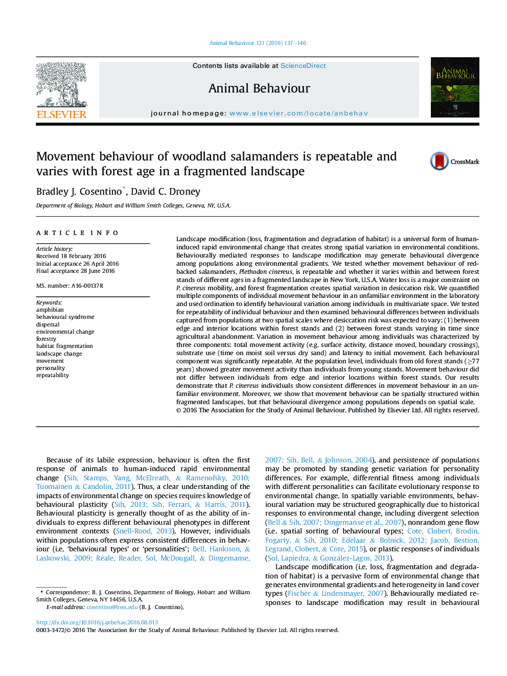 Movement behaviour of woodland salamanders is repeatable and varies with forest age in a fragmented landscape