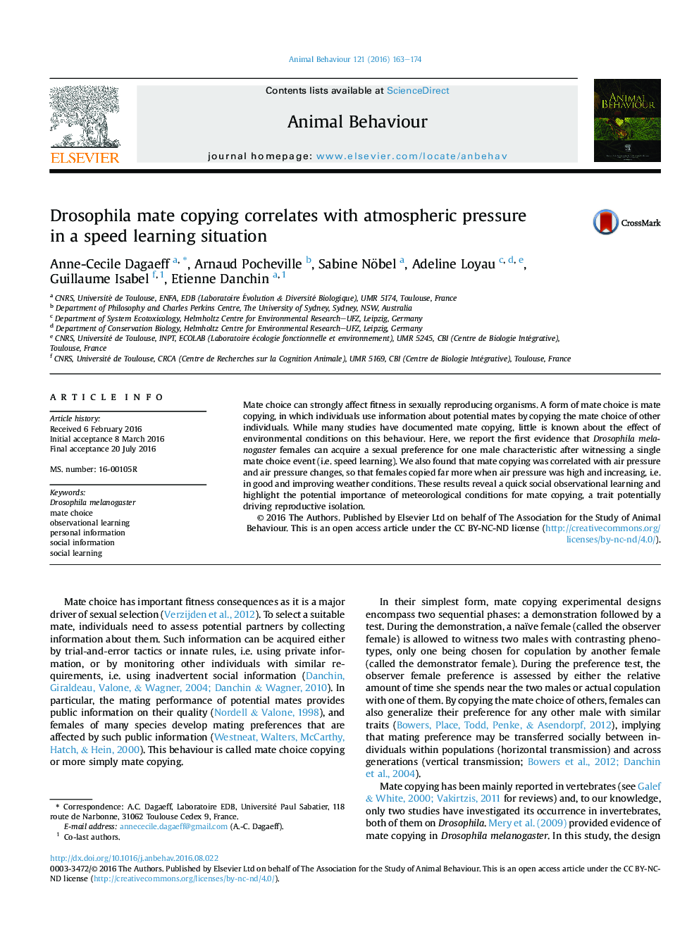 Drosophila mate copying correlates with atmospheric pressure inÂ aÂ speed learning situation