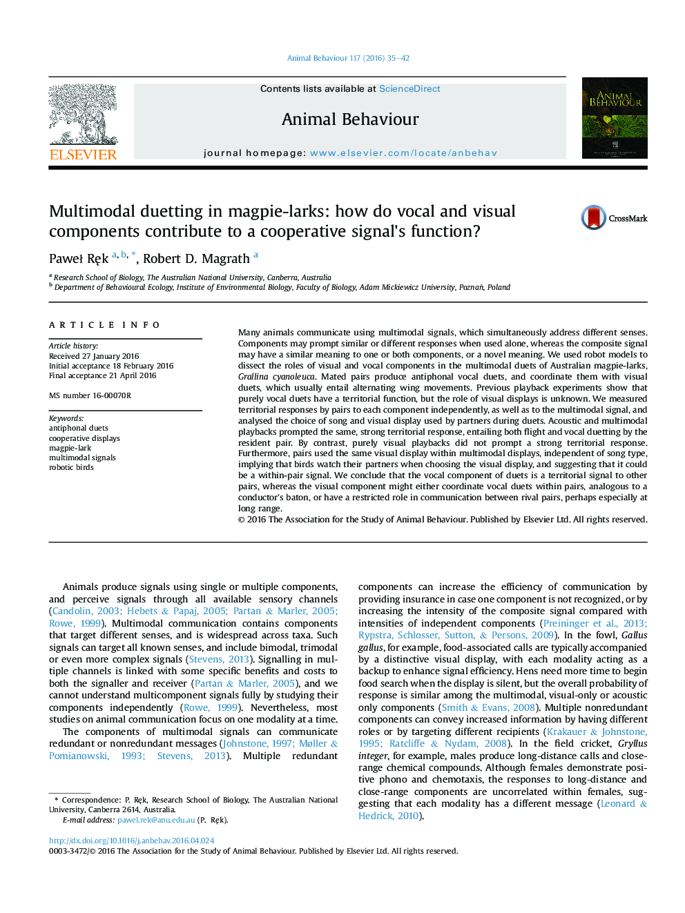 Multimodal duetting in magpie-larks: how do vocal and visual components contribute to a cooperative signal's function?