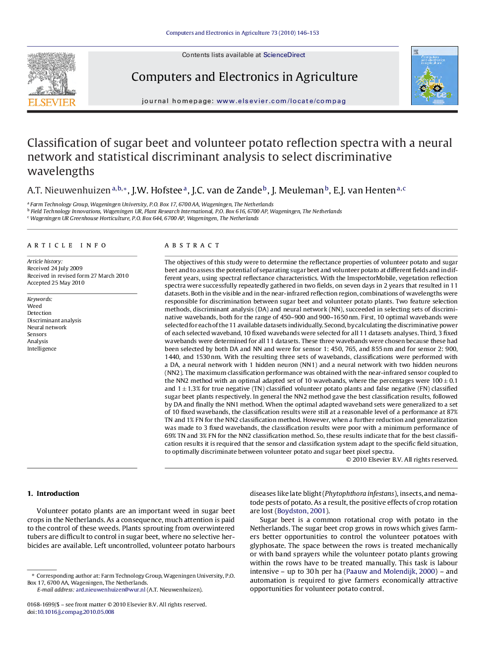 Classification of sugar beet and volunteer potato reflection spectra with a neural network and statistical discriminant analysis to select discriminative wavelengths