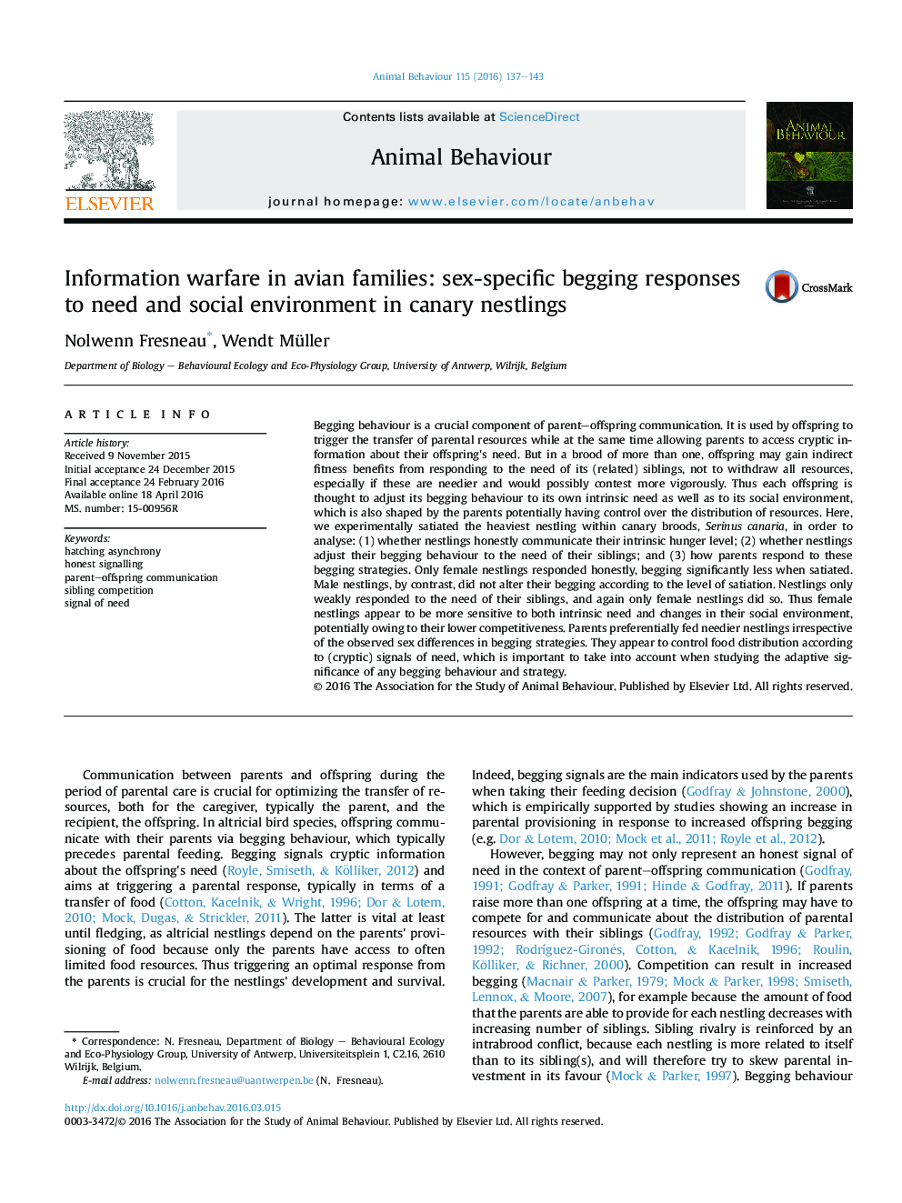 Information warfare in avian families: sex-specific begging responses to need and social environment in canary nestlings