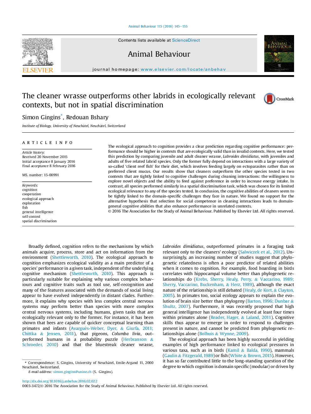 The cleaner wrasse outperforms other labrids in ecologically relevant contexts, but not in spatial discrimination