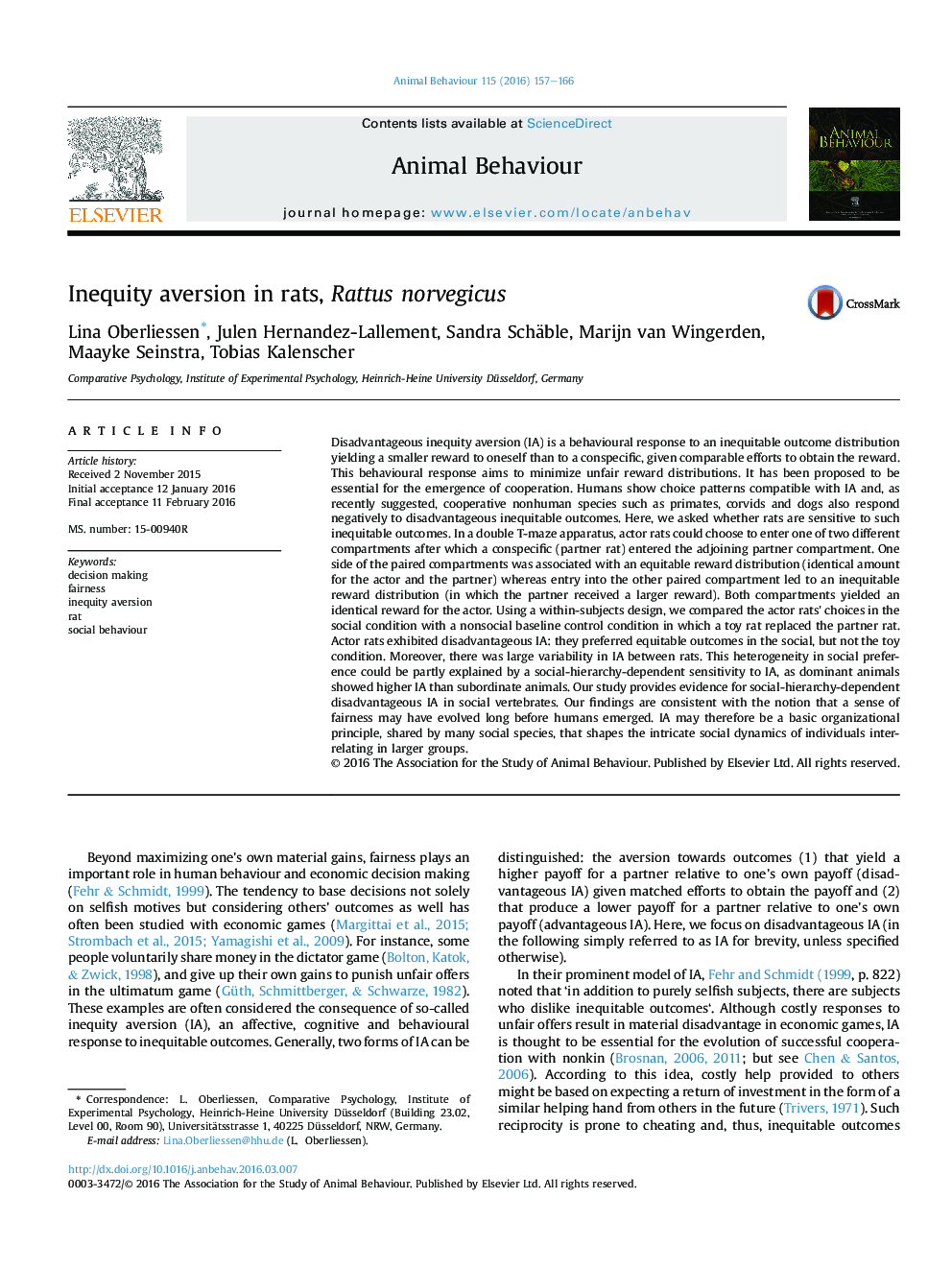 Inequity aversion in rats, Rattus norvegicus