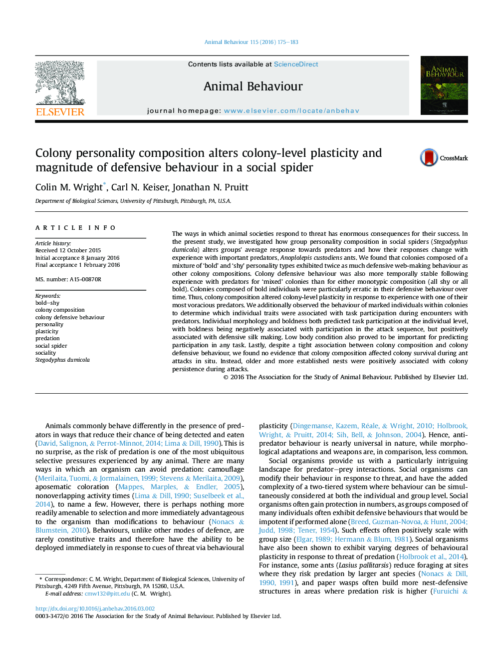 Colony personality composition alters colony-level plasticity and magnitude of defensive behaviour in a social spider