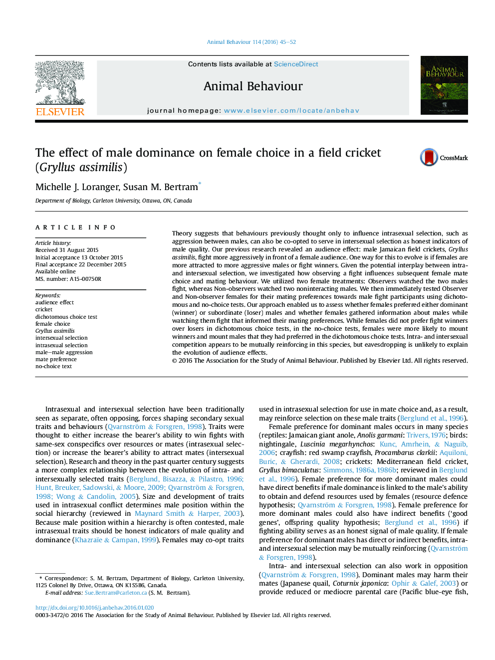 The effect of male dominance on female choice in a field cricket (Gryllus assimilis)