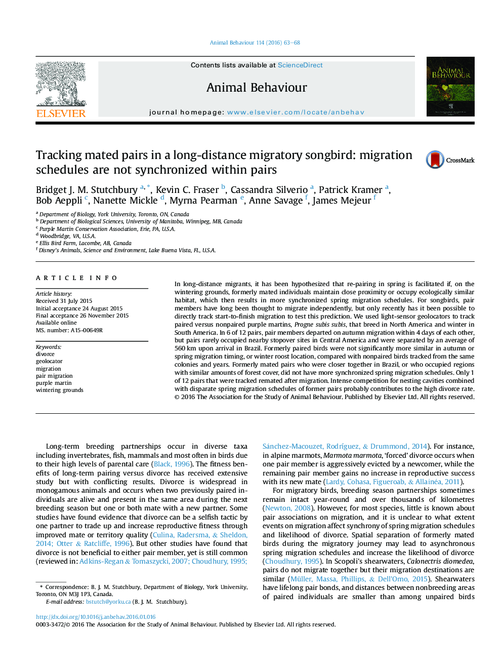 Tracking mated pairs in a long-distance migratory songbird: migration schedules are not synchronized within pairs