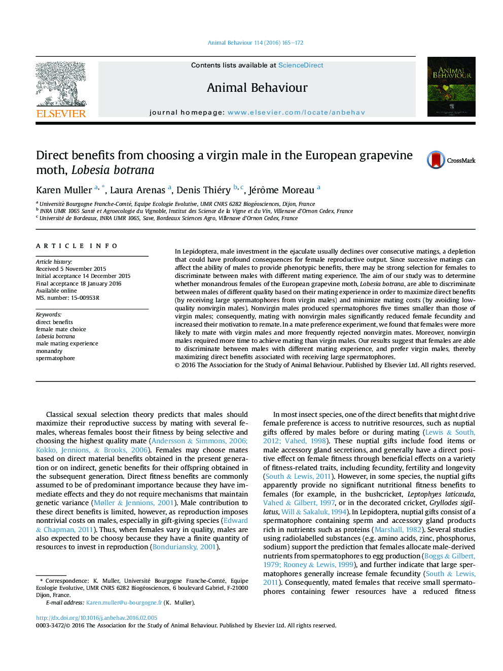 Direct benefits from choosing a virgin male in the European grapevine moth, Lobesia botrana