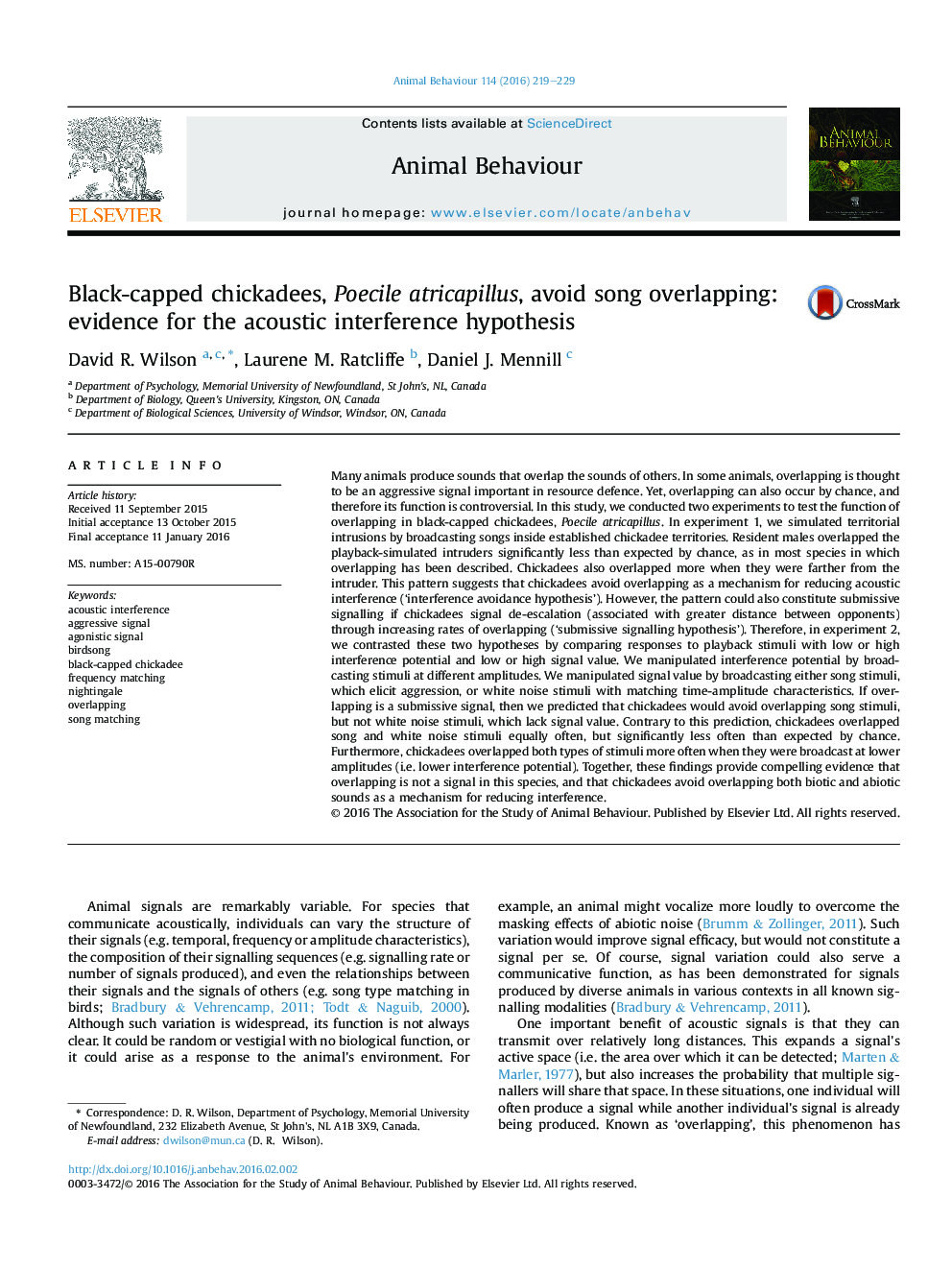 عکس صفحه اول مقاله: Black-capped chickadees, Poecile atricapillus, avoid song overlapping: evidence for the acoustic interference hypothesis Black-capped chickadees, Poecile atricapillus, avoid song overlapping: evidence for the acoustic interference hypothesis