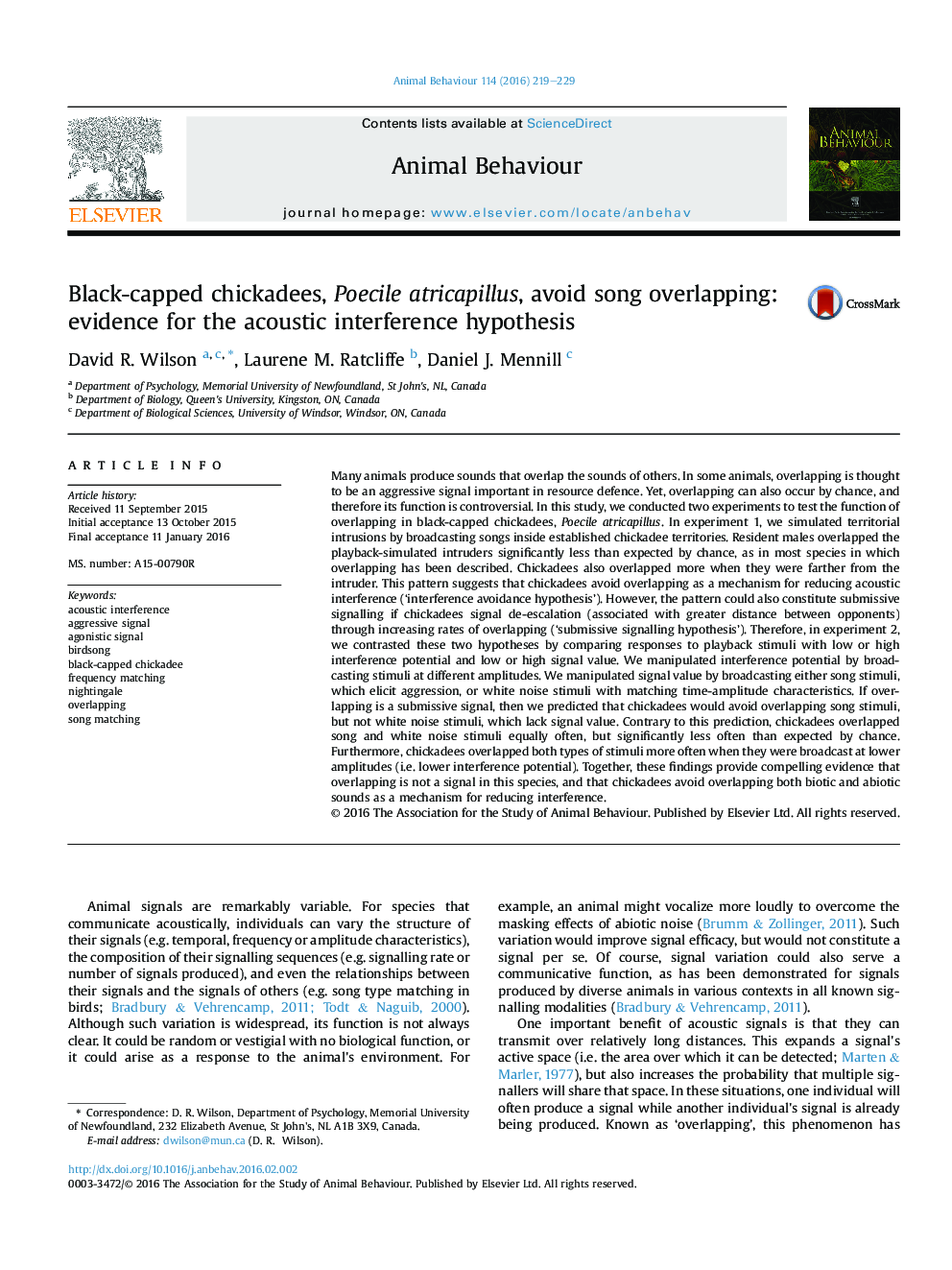 Black-capped chickadees, Poecile atricapillus, avoid song overlapping: evidence for the acoustic interference hypothesis