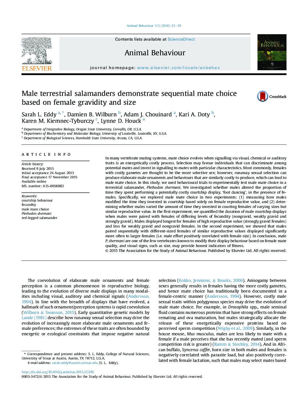 Male terrestrial salamanders demonstrate sequential mate choice based on female gravidity and size