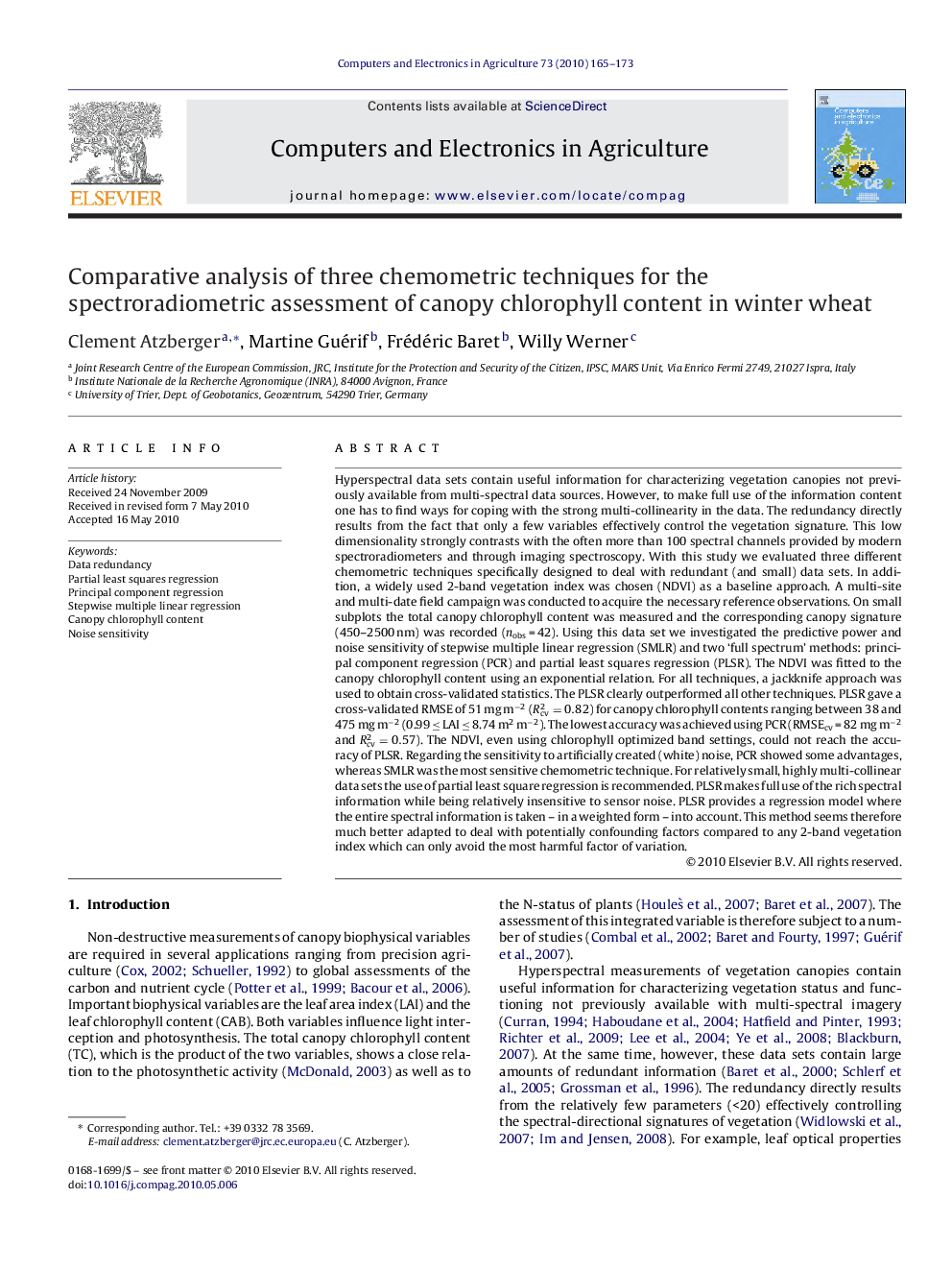 Comparative analysis of three chemometric techniques for the spectroradiometric assessment of canopy chlorophyll content in winter wheat