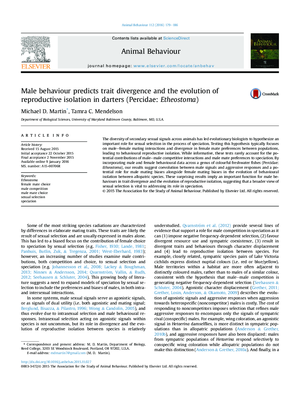 Male behaviour predicts trait divergence and the evolution of reproductive isolation in darters (Percidae: Etheostoma)