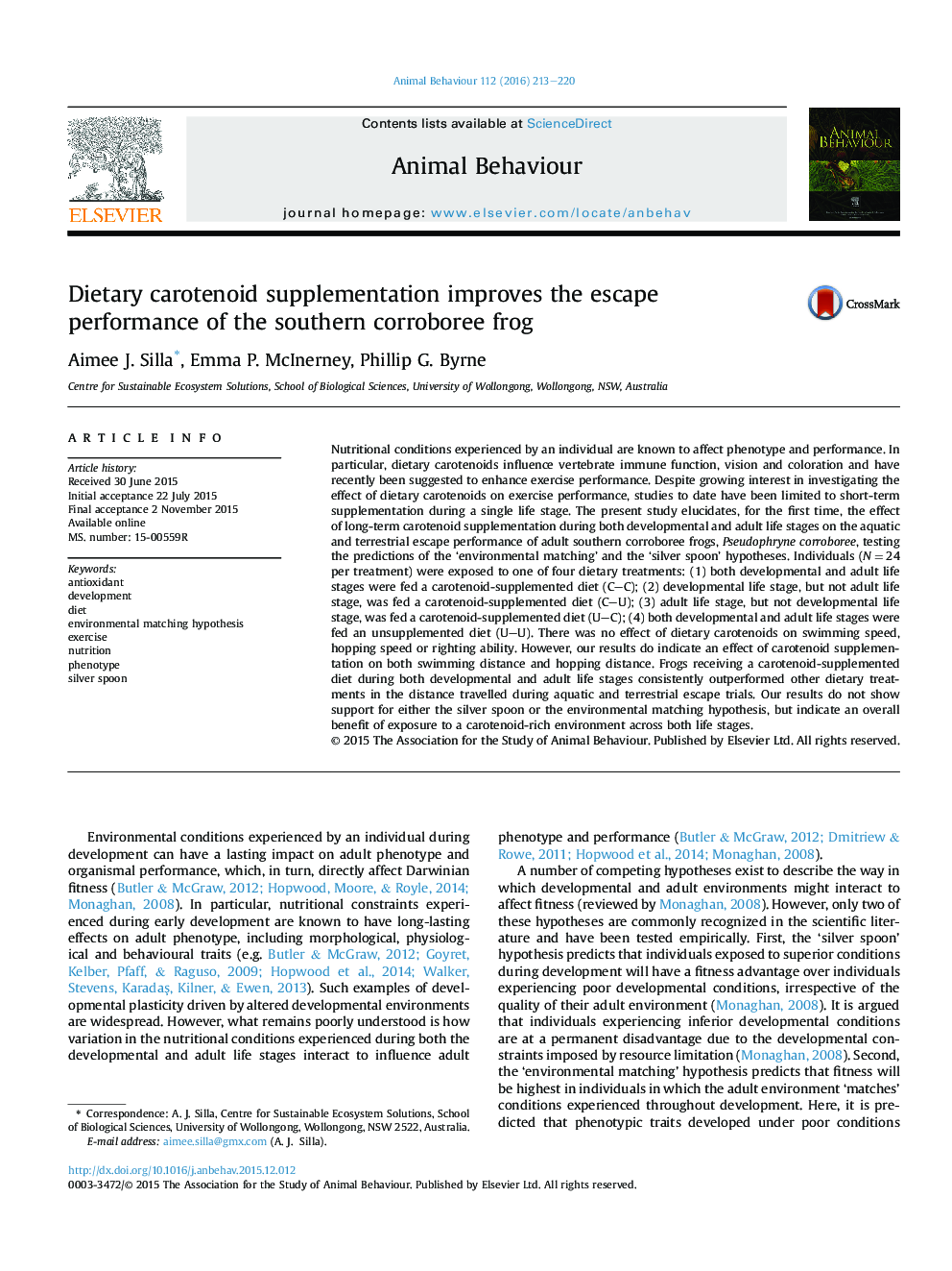 Dietary carotenoid supplementation improves the escape performance of the southern corroboree frog