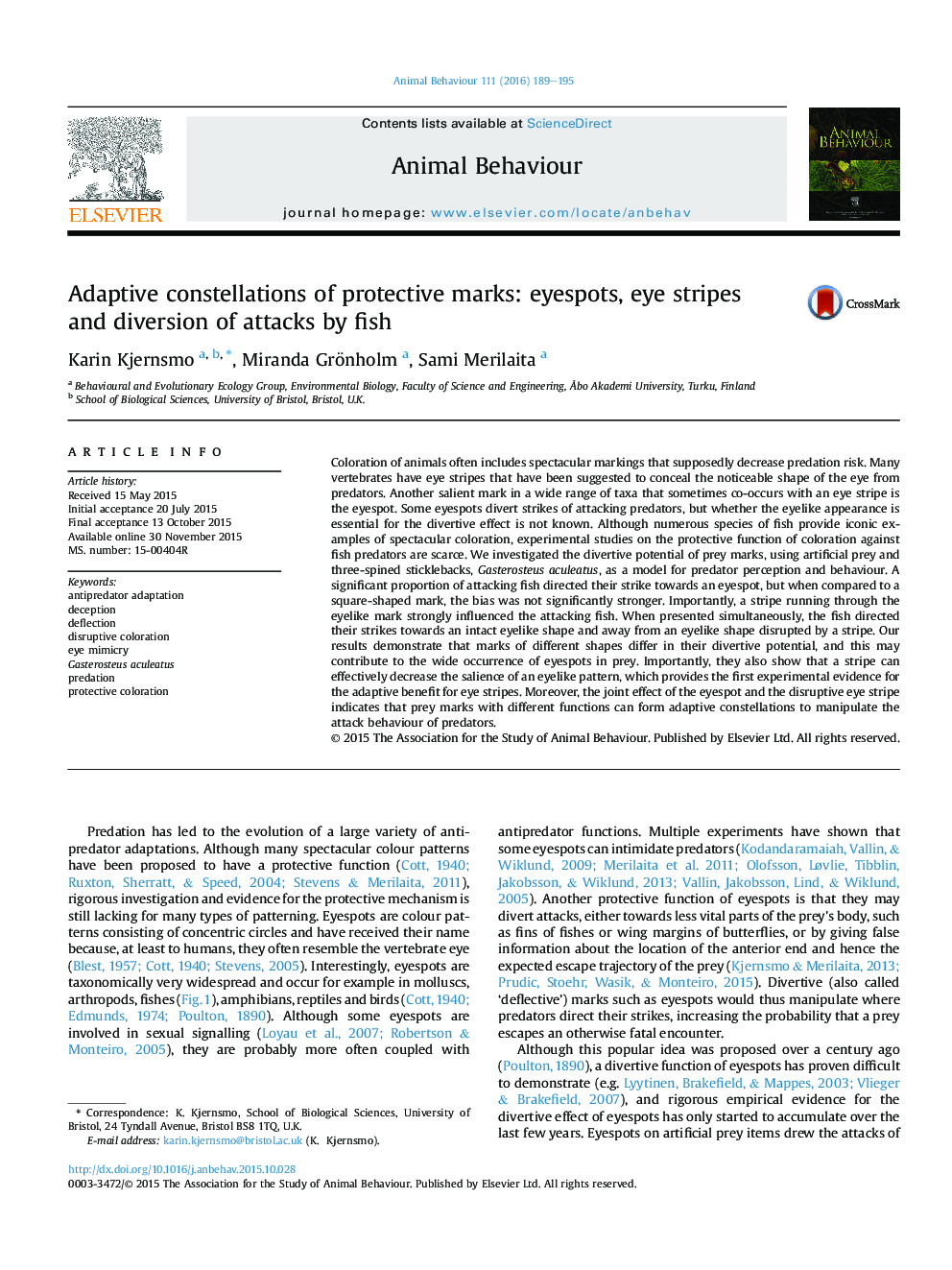 Adaptive constellations of protective marks: eyespots, eye stripes and diversion of attacks by fish