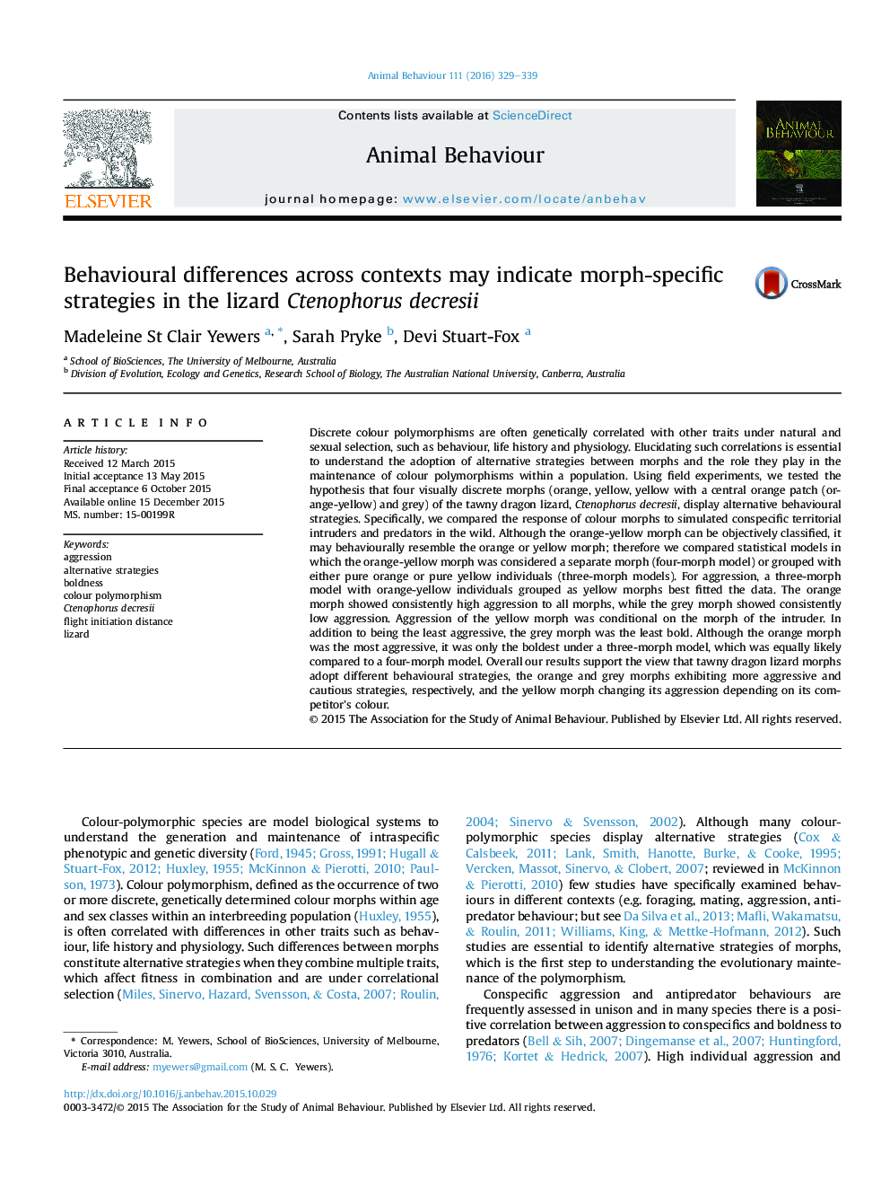 Behavioural differences across contexts may indicate morph-specific strategies in the lizard Ctenophorus decresii