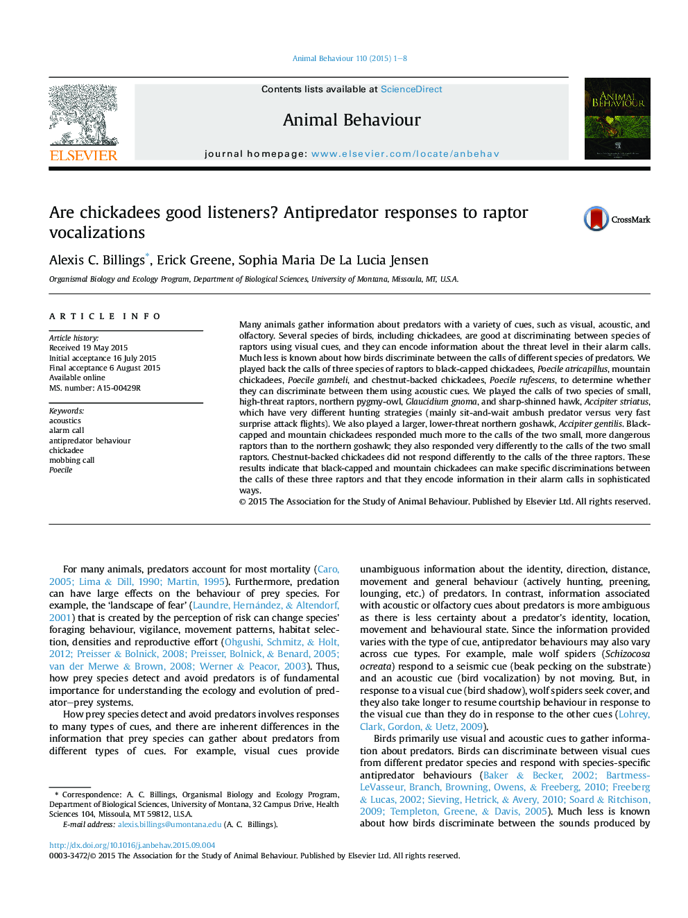 Are chickadees good listeners? Antipredator responses to raptor vocalizations